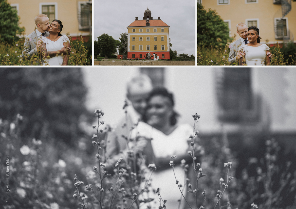 Wedding_Photoshoot_2021_at_ängsö_slott_at_castle_hugging_bride_in_white_dress_groom_in_grey_suit
